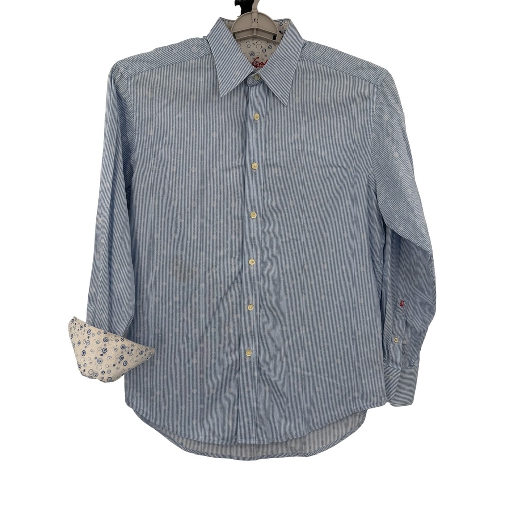 Robert Graham Mens Blue White Striped Polka Dot Button Down Shirt Size M Cotton